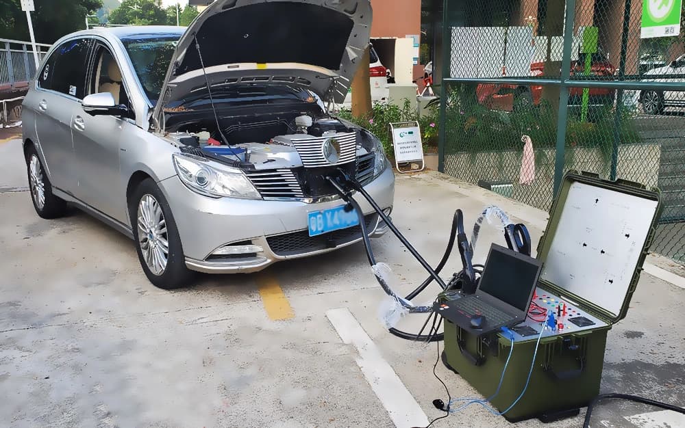 Portable charging test instrument and laptop beside an electric vehicle with its hood open