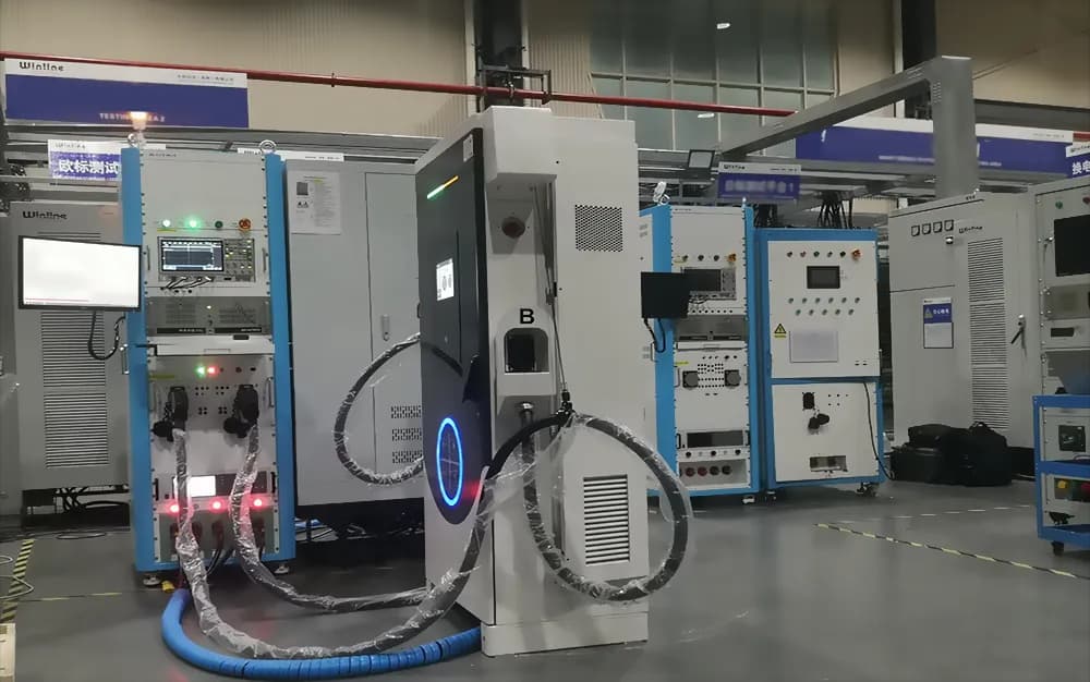 DC charger connected to measurement cabinets by charging cables