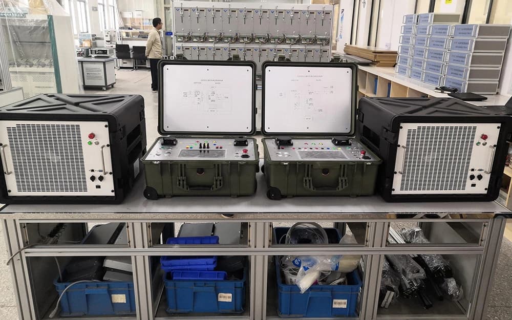 Two portable charging test instruments and two load units arranged on a laboratory workbench
