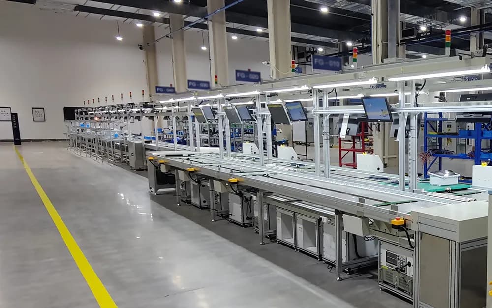 Test stations arranged along an assembly line
